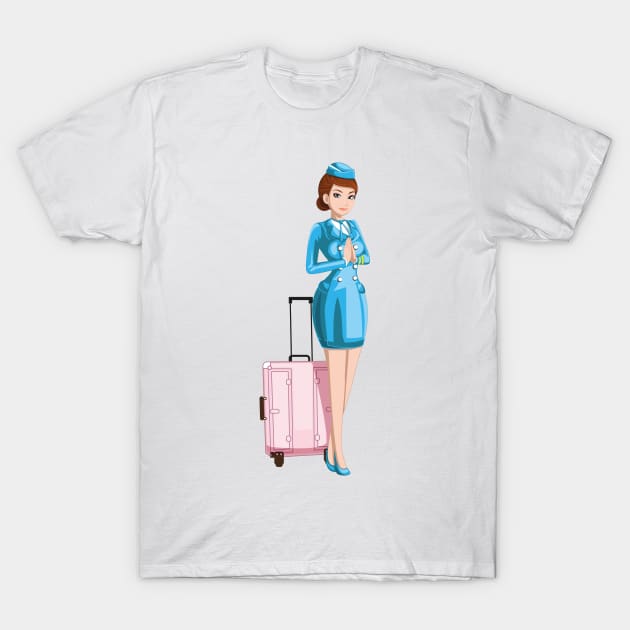 Professional Air Hostess with Luggage Cartoon T-Shirt by mumeaw